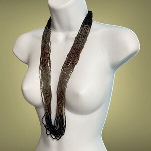 Artisan Multi-Strand Seed Bead Long Necklace Black Silver Copper Colorblock